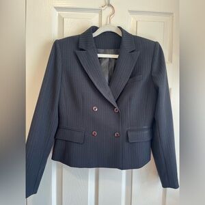Cropped Double-Breasted Pinstripe Blazer Black/Navy Tailored Jacket